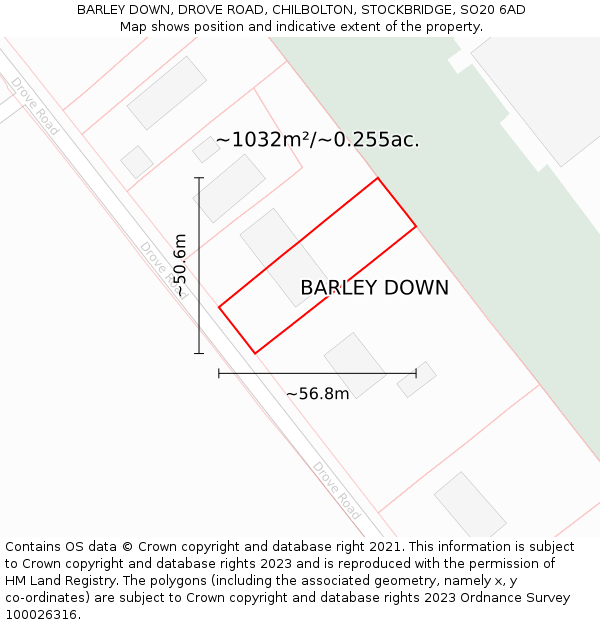 BARLEY DOWN, DROVE ROAD, CHILBOLTON, STOCKBRIDGE, SO20 6AD: Plot and title map