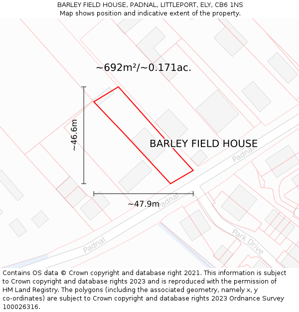 BARLEY FIELD HOUSE, PADNAL, LITTLEPORT, ELY, CB6 1NS: Plot and title map