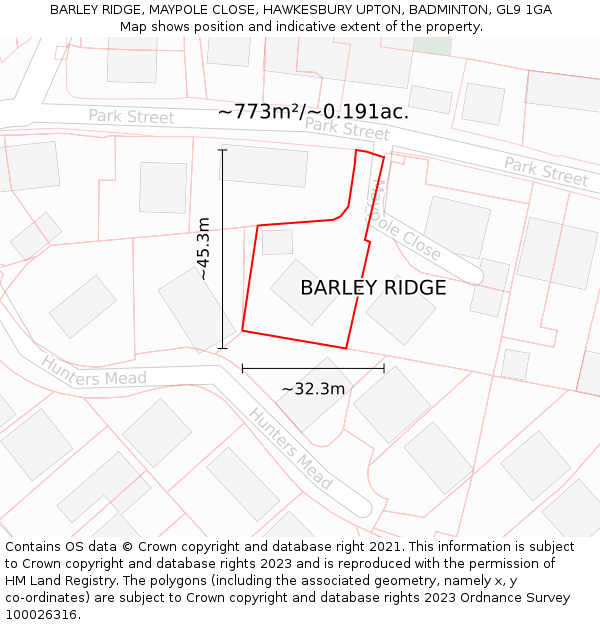 BARLEY RIDGE, MAYPOLE CLOSE, HAWKESBURY UPTON, BADMINTON, GL9 1GA: Plot and title map