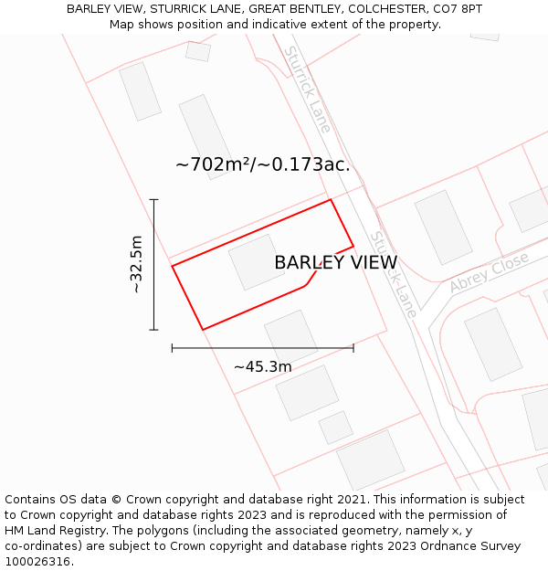 BARLEY VIEW, STURRICK LANE, GREAT BENTLEY, COLCHESTER, CO7 8PT: Plot and title map