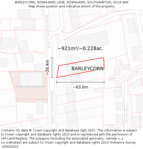 BARLEYCORN, ROWNHAMS LANE, ROWNHAMS, SOUTHAMPTON, SO16 8AP: Plot and title map