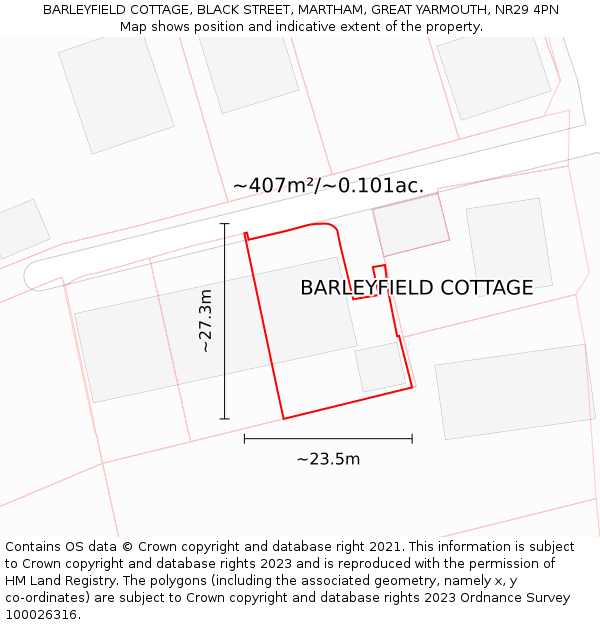 BARLEYFIELD COTTAGE, BLACK STREET, MARTHAM, GREAT YARMOUTH, NR29 4PN: Plot and title map