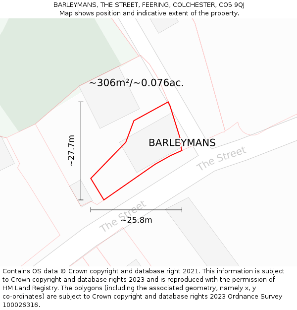 BARLEYMANS, THE STREET, FEERING, COLCHESTER, CO5 9QJ: Plot and title map