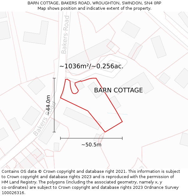 BARN COTTAGE, BAKERS ROAD, WROUGHTON, SWINDON, SN4 0RP: Plot and title map