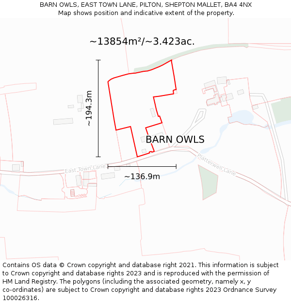 BARN OWLS, EAST TOWN LANE, PILTON, SHEPTON MALLET, BA4 4NX: Plot and title map