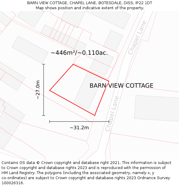 BARN VIEW COTTAGE, CHAPEL LANE, BOTESDALE, DISS, IP22 1DT: Plot and title map