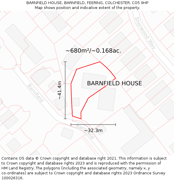 BARNFIELD HOUSE, BARNFIELD, FEERING, COLCHESTER, CO5 9HP: Plot and title map