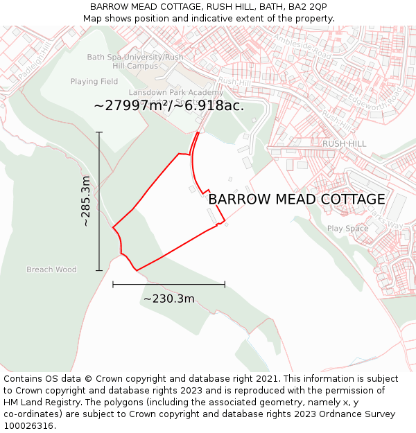 BARROW MEAD COTTAGE, RUSH HILL, BATH, BA2 2QP: Plot and title map