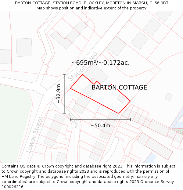 BARTON COTTAGE, STATION ROAD, BLOCKLEY, MORETON-IN-MARSH, GL56 9DT: Plot and title map