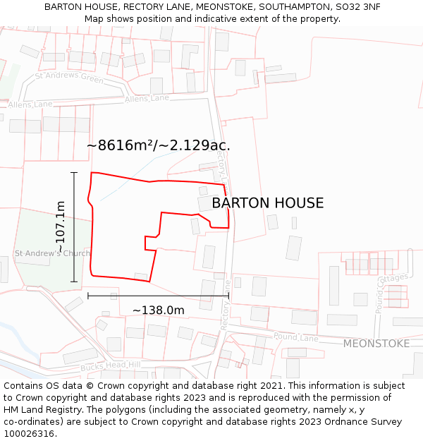 BARTON HOUSE, RECTORY LANE, MEONSTOKE, SOUTHAMPTON, SO32 3NF: Plot and title map