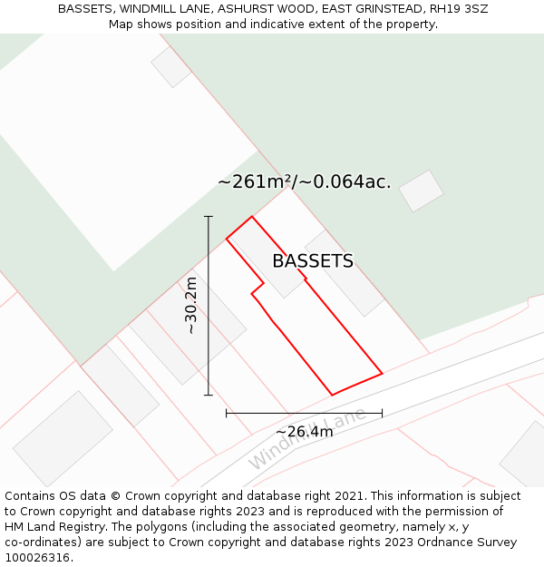 BASSETS, WINDMILL LANE, ASHURST WOOD, EAST GRINSTEAD, RH19 3SZ: Plot and title map