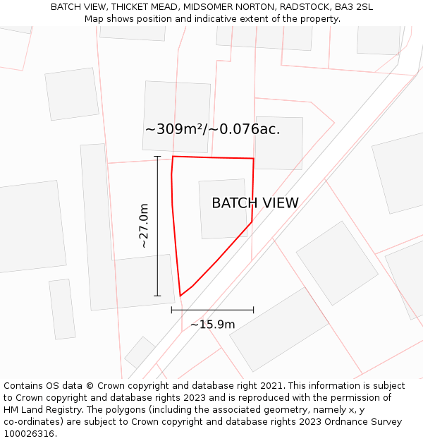 BATCH VIEW, THICKET MEAD, MIDSOMER NORTON, RADSTOCK, BA3 2SL: Plot and title map