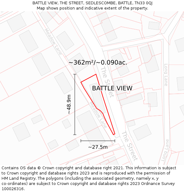 BATTLE VIEW, THE STREET, SEDLESCOMBE, BATTLE, TN33 0QJ: Plot and title map