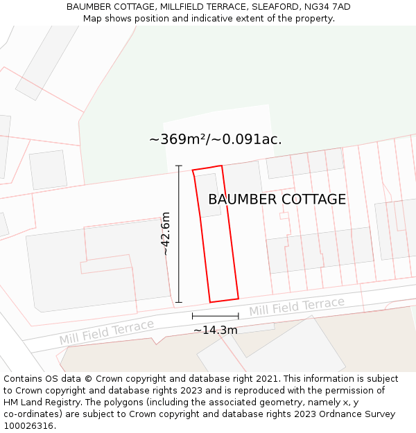 BAUMBER COTTAGE, MILLFIELD TERRACE, SLEAFORD, NG34 7AD: Plot and title map