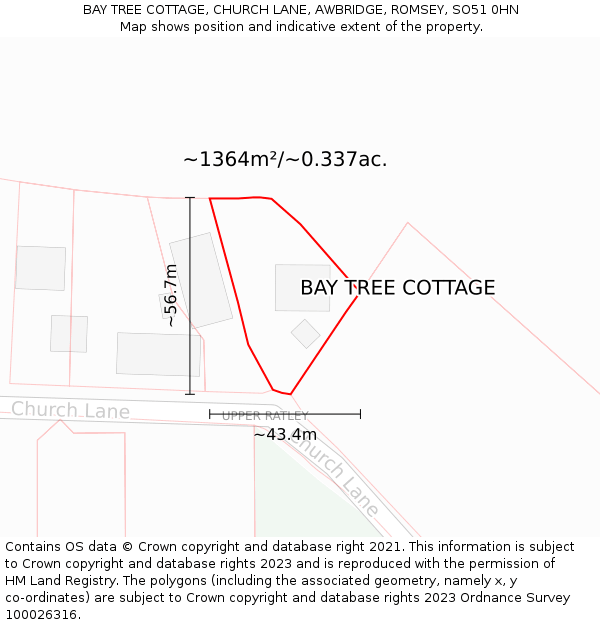 BAY TREE COTTAGE, CHURCH LANE, AWBRIDGE, ROMSEY, SO51 0HN: Plot and title map