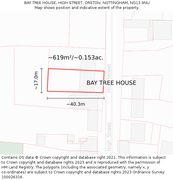 BAY TREE HOUSE, HIGH STREET, ORSTON, NOTTINGHAM, NG13 9NU: Plot and title map