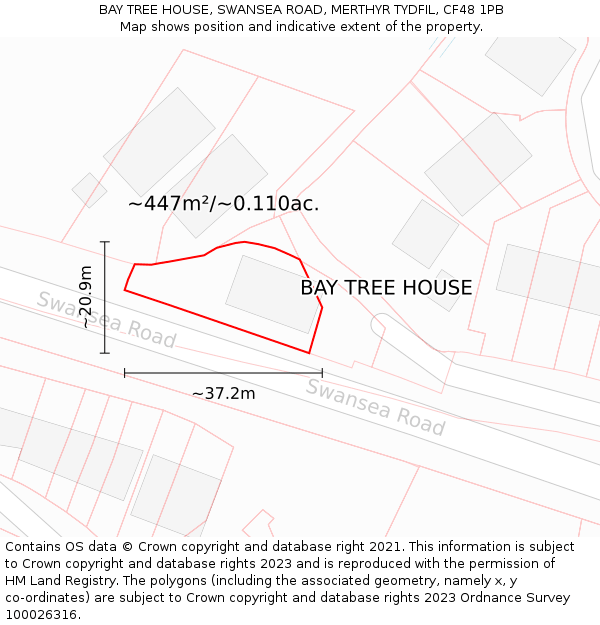 BAY TREE HOUSE, SWANSEA ROAD, MERTHYR TYDFIL, CF48 1PB: Plot and title map