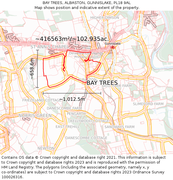 BAY TREES, ALBASTON, GUNNISLAKE, PL18 9AL: Plot and title map