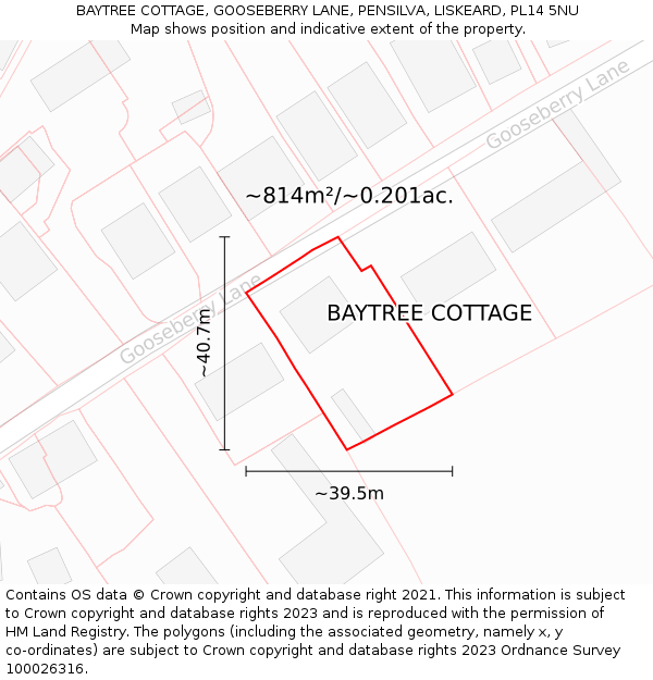 BAYTREE COTTAGE, GOOSEBERRY LANE, PENSILVA, LISKEARD, PL14 5NU: Plot and title map