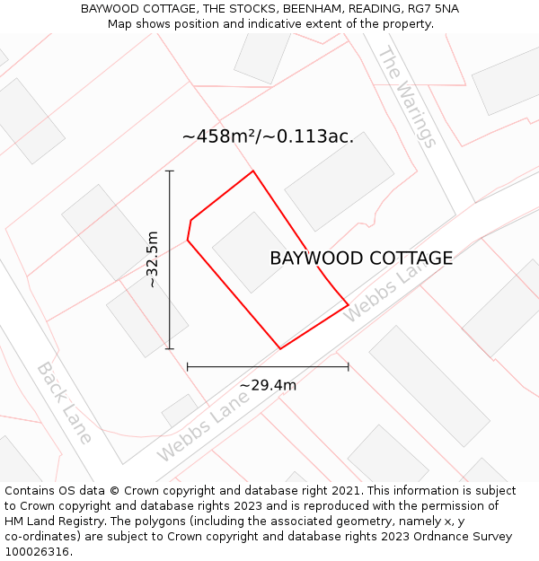 BAYWOOD COTTAGE, THE STOCKS, BEENHAM, READING, RG7 5NA: Plot and title map