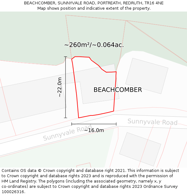 BEACHCOMBER, SUNNYVALE ROAD, PORTREATH, REDRUTH, TR16 4NE: Plot and title map