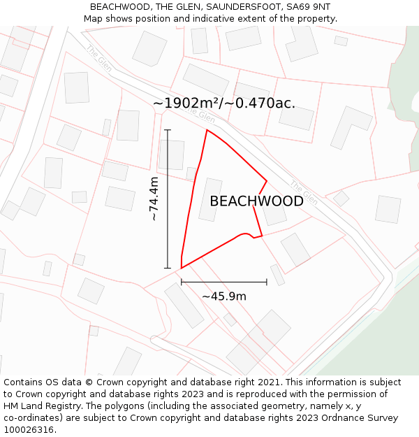 BEACHWOOD, THE GLEN, SAUNDERSFOOT, SA69 9NT: Plot and title map