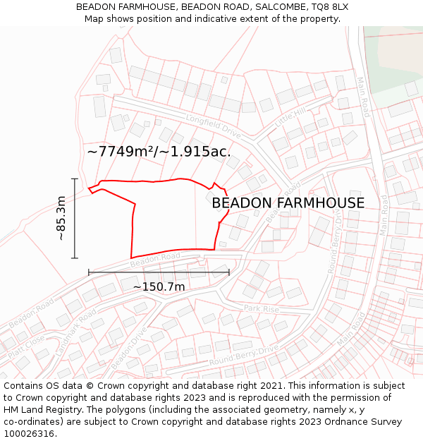 BEADON FARMHOUSE, BEADON ROAD, SALCOMBE, TQ8 8LX: Plot and title map