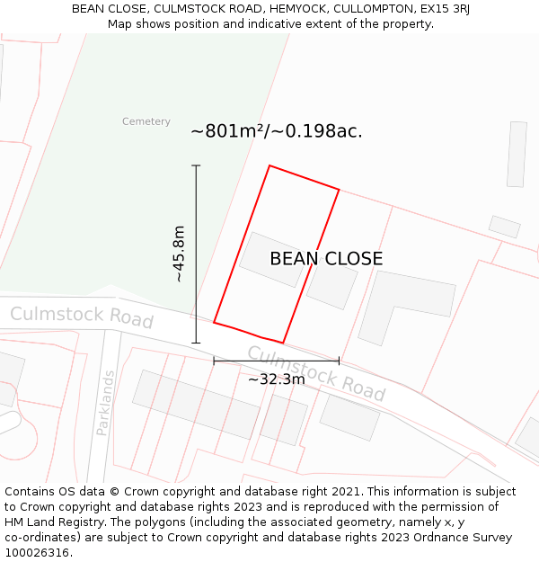 BEAN CLOSE, CULMSTOCK ROAD, HEMYOCK, CULLOMPTON, EX15 3RJ: Plot and title map