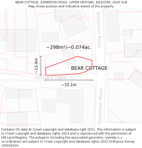 BEAR COTTAGE, SOMERTON ROAD, UPPER HEYFORD, BICESTER, OX25 5LB: Plot and title map