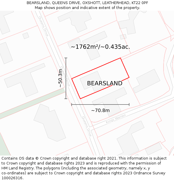 BEARSLAND, QUEENS DRIVE, OXSHOTT, LEATHERHEAD, KT22 0PF: Plot and title map