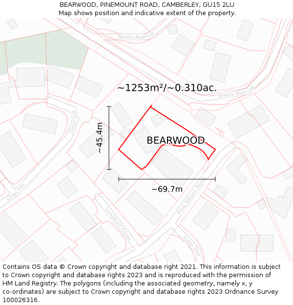 BEARWOOD, PINEMOUNT ROAD, CAMBERLEY, GU15 2LU: Plot and title map