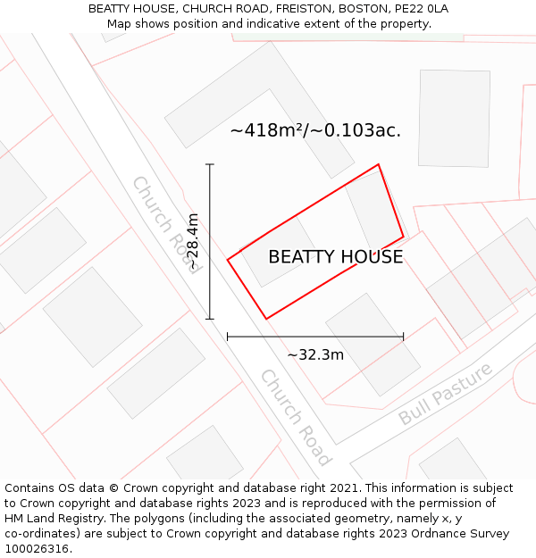 BEATTY HOUSE, CHURCH ROAD, FREISTON, BOSTON, PE22 0LA: Plot and title map