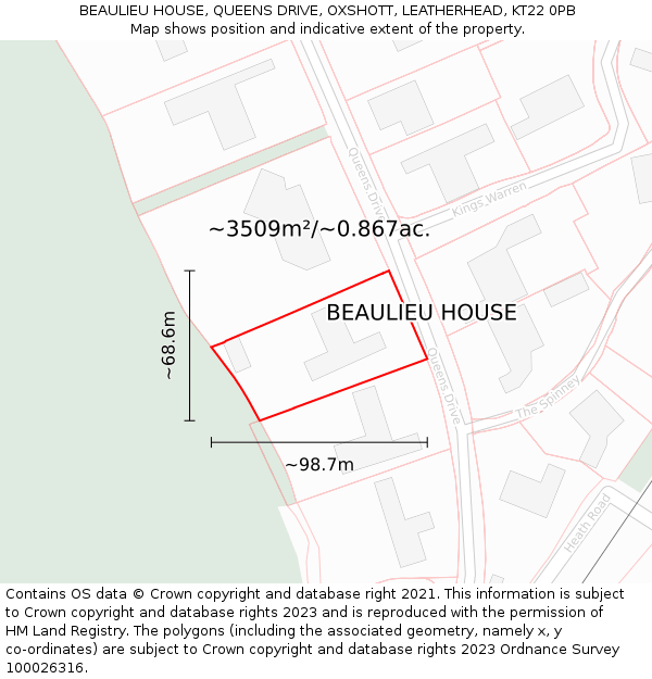 BEAULIEU HOUSE, QUEENS DRIVE, OXSHOTT, LEATHERHEAD, KT22 0PB: Plot and title map