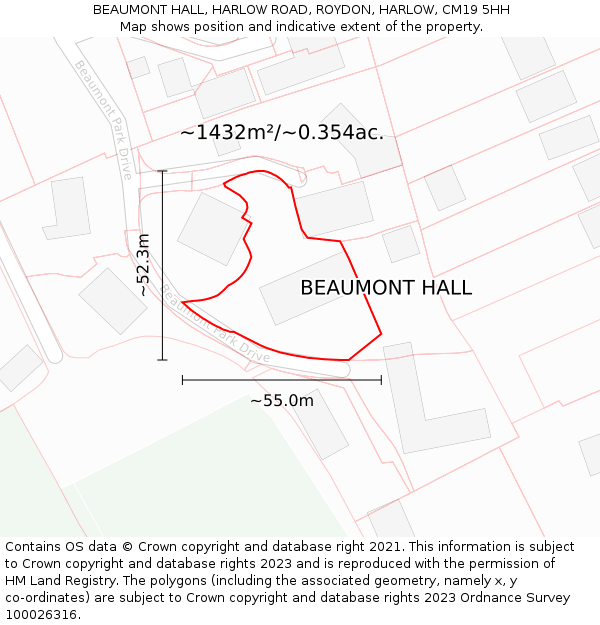 BEAUMONT HALL, HARLOW ROAD, ROYDON, HARLOW, CM19 5HH: Plot and title map