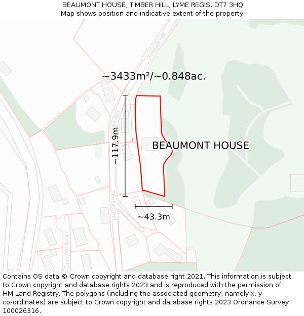 BEAUMONT HOUSE, TIMBER HILL, LYME REGIS, DT7 3HQ: Plot and title map