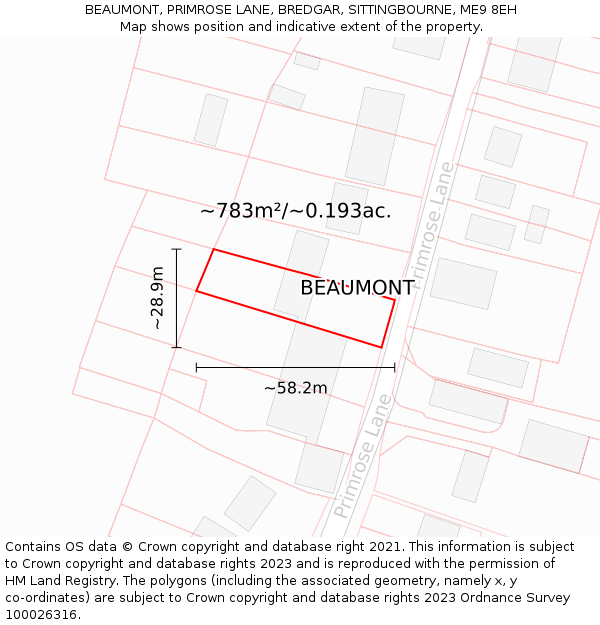 BEAUMONT, PRIMROSE LANE, BREDGAR, SITTINGBOURNE, ME9 8EH: Plot and title map