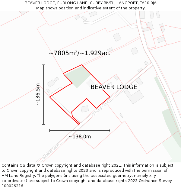 BEAVER LODGE, FURLONG LANE, CURRY RIVEL, LANGPORT, TA10 0JA: Plot and title map