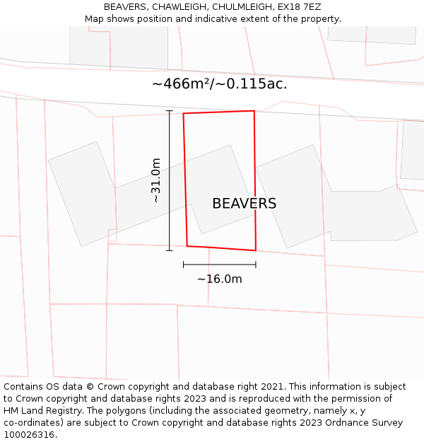 BEAVERS, CHAWLEIGH, CHULMLEIGH, EX18 7EZ: Plot and title map