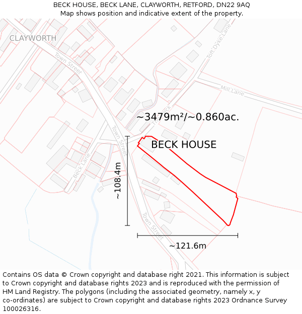 BECK HOUSE, BECK LANE, CLAYWORTH, RETFORD, DN22 9AQ: Plot and title map