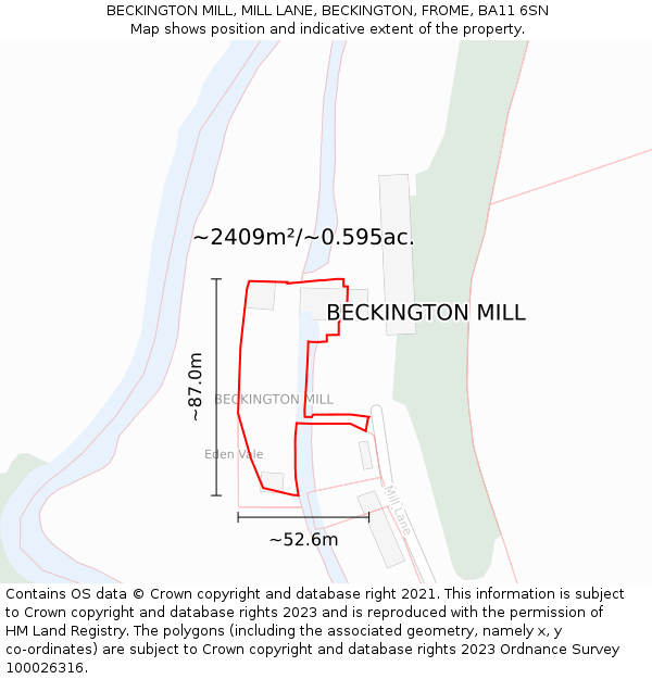 BECKINGTON MILL, MILL LANE, BECKINGTON, FROME, BA11 6SN: Plot and title map
