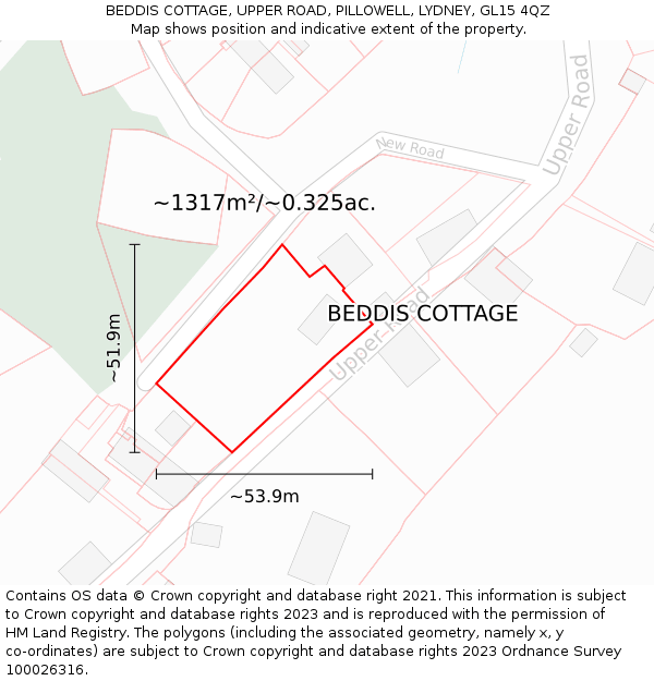 BEDDIS COTTAGE, UPPER ROAD, PILLOWELL, LYDNEY, GL15 4QZ: Plot and title map