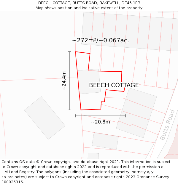 BEECH COTTAGE, BUTTS ROAD, BAKEWELL, DE45 1EB: Plot and title map