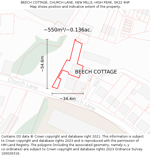 BEECH COTTAGE, CHURCH LANE, NEW MILLS, HIGH PEAK, SK22 4NP: Plot and title map
