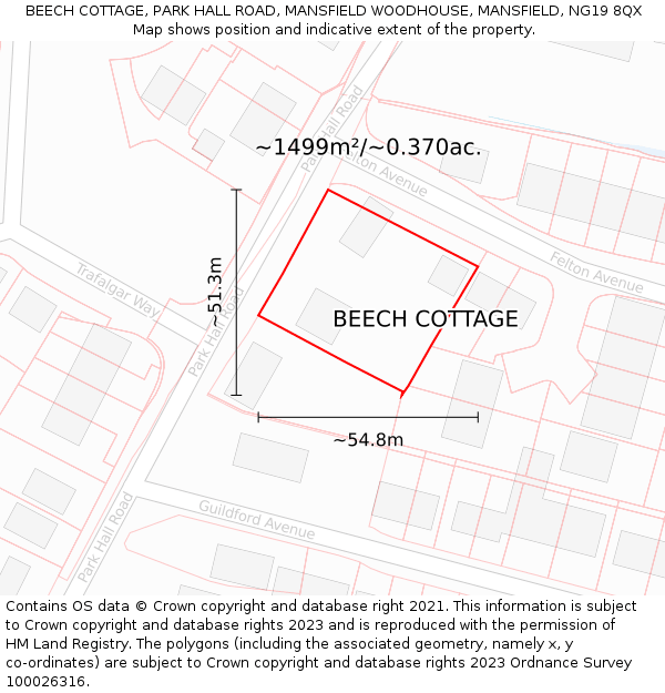 BEECH COTTAGE, PARK HALL ROAD, MANSFIELD WOODHOUSE, MANSFIELD, NG19 8QX: Plot and title map