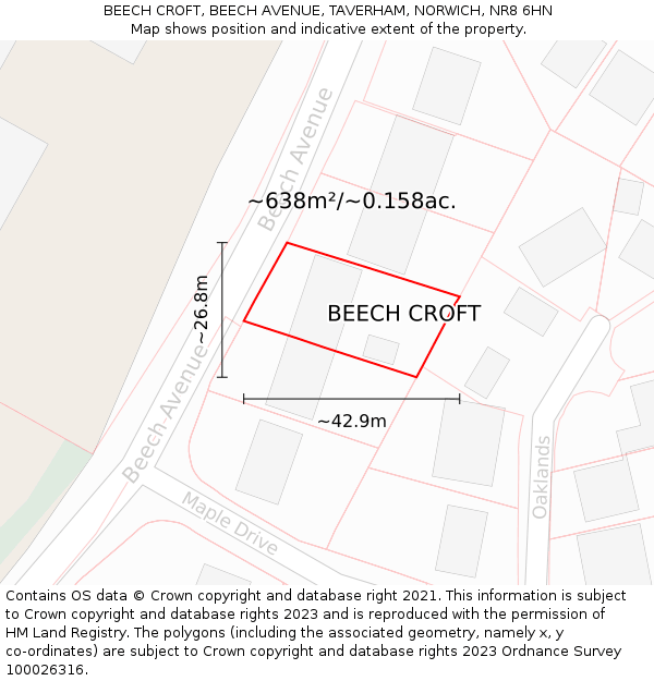 BEECH CROFT, BEECH AVENUE, TAVERHAM, NORWICH, NR8 6HN: Plot and title map