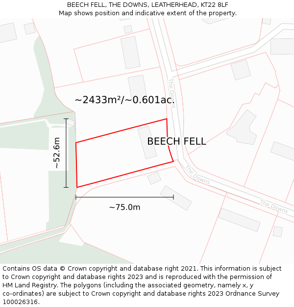 BEECH FELL, THE DOWNS, LEATHERHEAD, KT22 8LF: Plot and title map