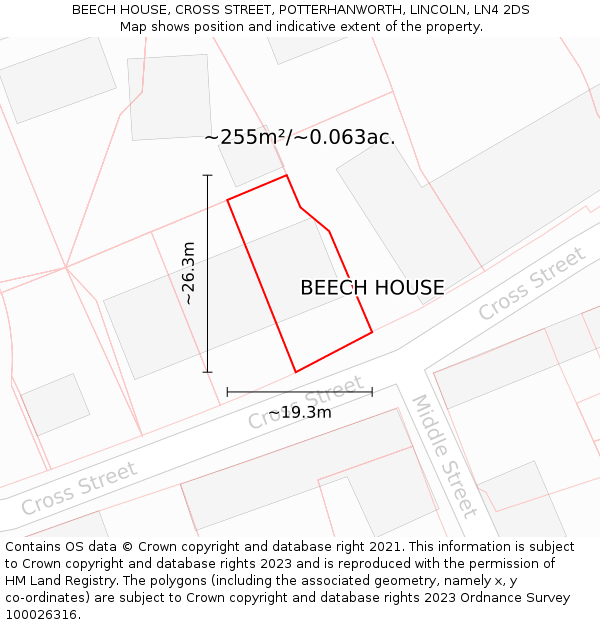 BEECH HOUSE, CROSS STREET, POTTERHANWORTH, LINCOLN, LN4 2DS: Plot and title map