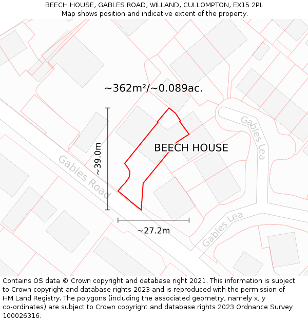 BEECH HOUSE, GABLES ROAD, WILLAND, CULLOMPTON, EX15 2PL: Plot and title map