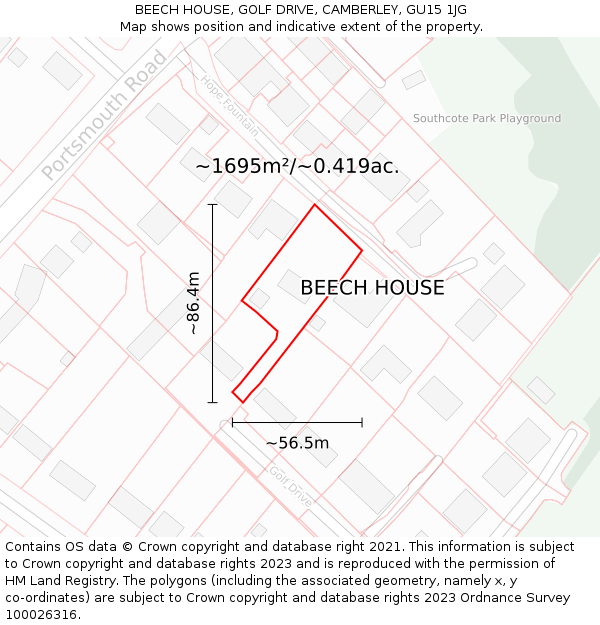 BEECH HOUSE, GOLF DRIVE, CAMBERLEY, GU15 1JG: Plot and title map