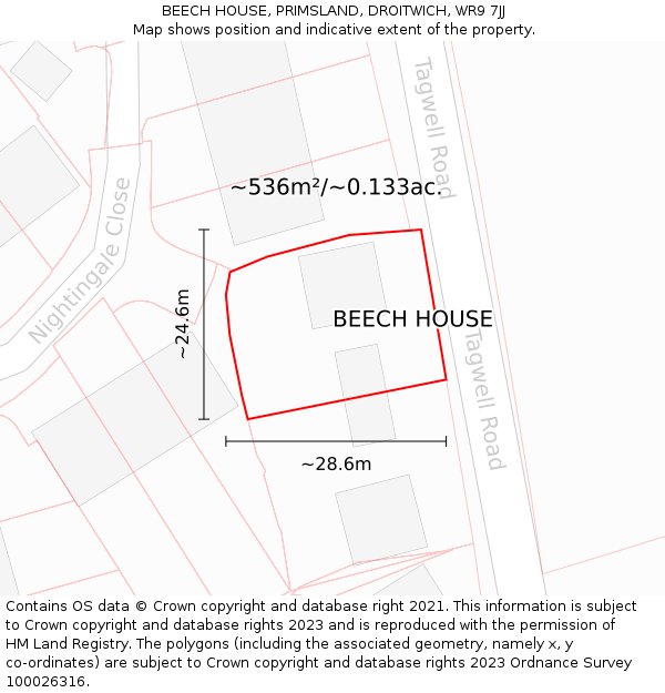 BEECH HOUSE, PRIMSLAND, DROITWICH, WR9 7JJ: Plot and title map